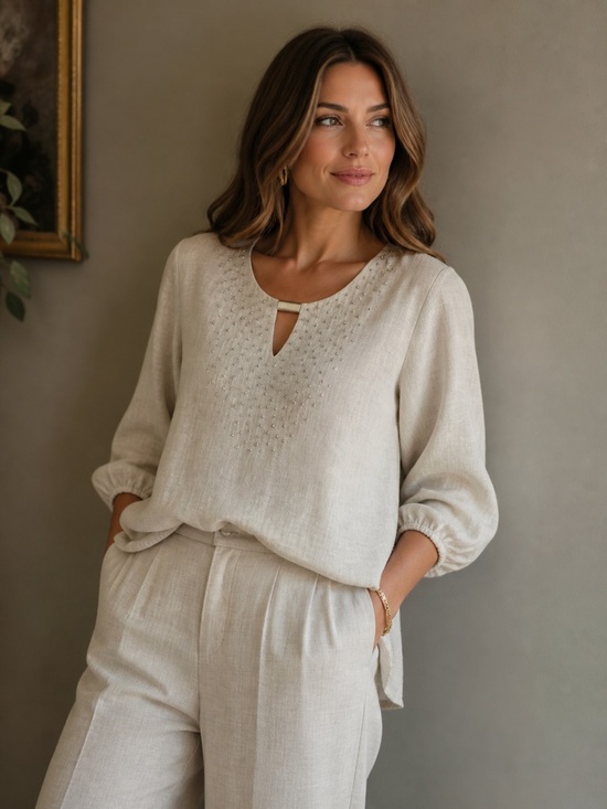JM Collection Tops - JM Collection 100% Linen Embellished Tunic Blouse Cream Beige Size Small